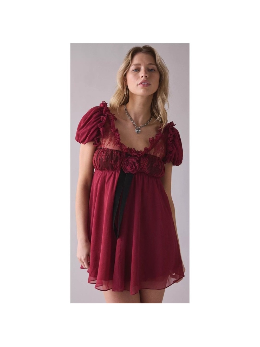 For Love and Lemons Claudine Babydoll Mini Dress Large Burgundy Romantic Flower